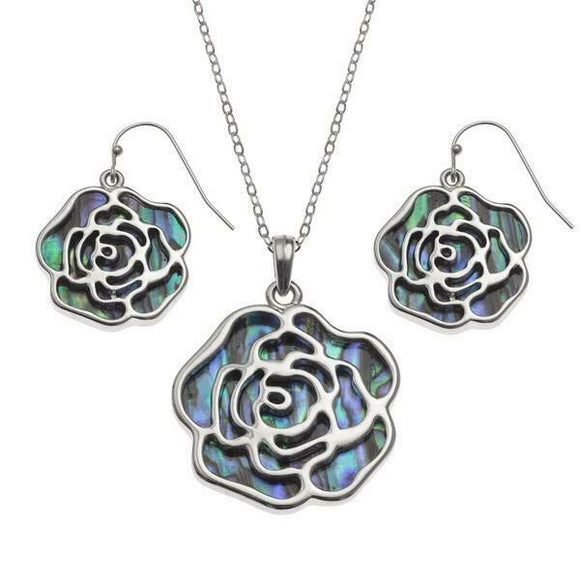 Tide Jewellery Inlaid Paua Shell Rose Necklace & Dangly Earring Set