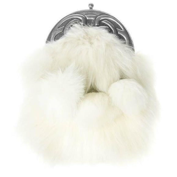 Stunning White Arctic Fox Dress Sporran with Bulldog Pewter Celtic Swirl Cantle