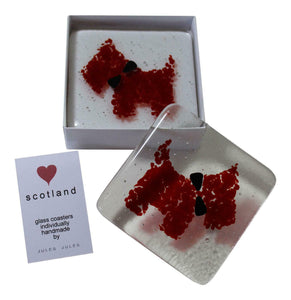 Pair of Handcrafted Fused Glass Coasters Featuring A Red Scottie Dog