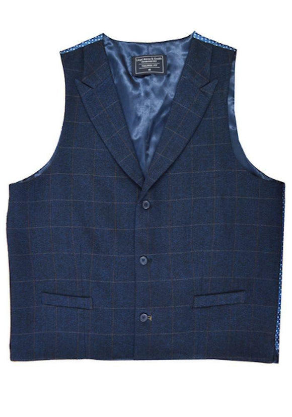 Navy Blue Check Tailored Fit Wool Waistcoat Vest Gilet With Contrast Spot Back