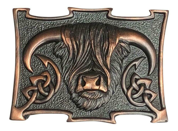 GM Belts Scottish Highland Cow Coo Chocolate Bronze Kilt Belt Buckle