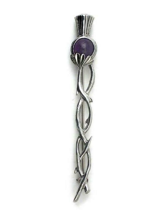 Polished Pewter Jaggy Twisted Thistle Traditional Kilt Pin with Choice of Stone