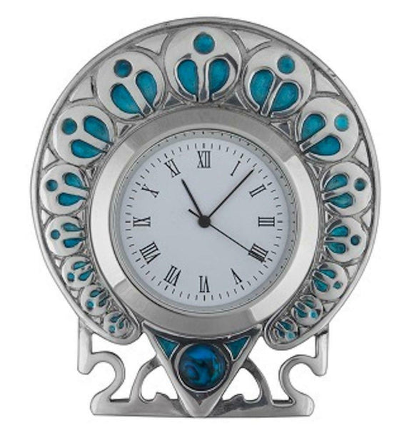 Stunning Pewter Peacock Clock with Turquoise Blue Enamel & Abalone Stone Inset