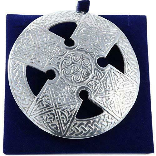 Traditional Celtic Cross and Knot Work Circular Scottish Plaid Sash Brooch