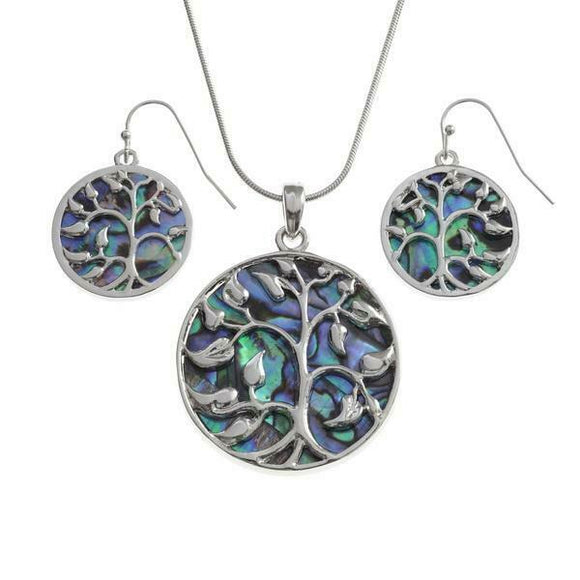 Tide Jewellery Inlaid Paua Shell Tree Of Life Pendant & Dangly Earring Set