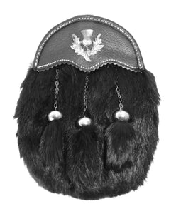 Dress Sporran Black Rabbit Fur with Leather Cantle and Antique Thistle Badge