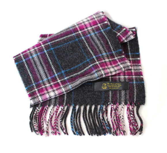 Superior 100% Lambswool Soft Touch Scarf in Graphite, Purple and Blue Tartan
