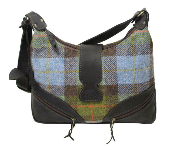 Scottish Deerskin Leather Blue&Green Tartan Harris Tweed Large Lola Handbag