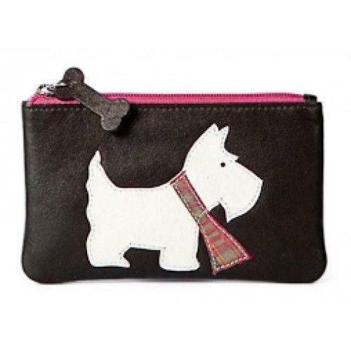 Black Leather Zip Top Coin Pocket Purse with Scottie Dog Applique by Mala