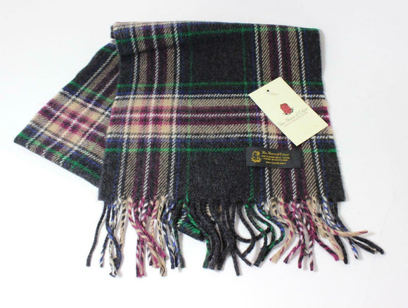 Superior 100% Lambswool Soft Touch Scarf in Grey, Purple, Camel and Green Tartan