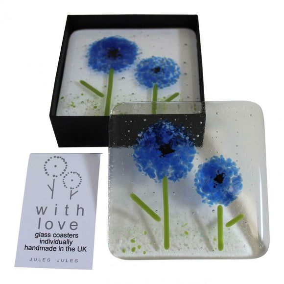 Pair of Handcrafted Glass Coasters Featuring a Blue Flower