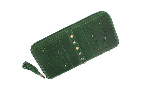 Mala Leather Zulu Traditional Zip Purse Wallet Green Red Tan RFID Protection