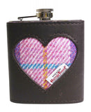 Stylish Brown Authentic Leather & Genuine Harris Tweed Heart 6oz Hipflask