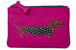 Pink Leather Zip Top Coin Pocket Purse Wallet with Dachshund Sausage Dog Applique