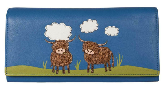 Blue 'Bella' Scottish Highland Cow Coo Flap Over Purse Wallet RFID Protection