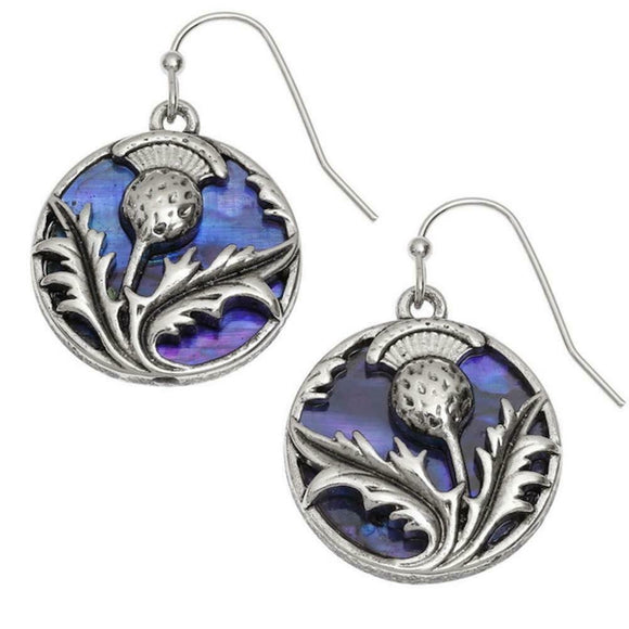Tide Jewellery Inlaid Purple Paua Shell Scottish Thistle Hook Dangly Earrings