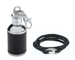 Gaventa London Black Leather Mini Hipflask Keyring & Leather Bracelet Gift Set