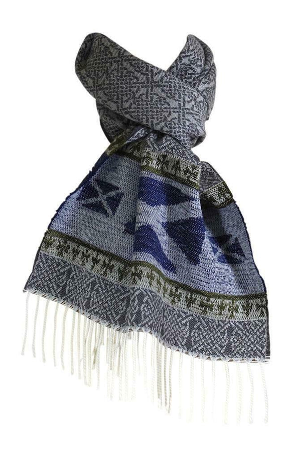 Calzeat of Scotland Grey and Blue Saltire Celtic  Jacquard Wool Scarf