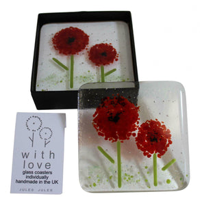 Pair of Handcrafted Glass Coasters Featuring a Red Flower