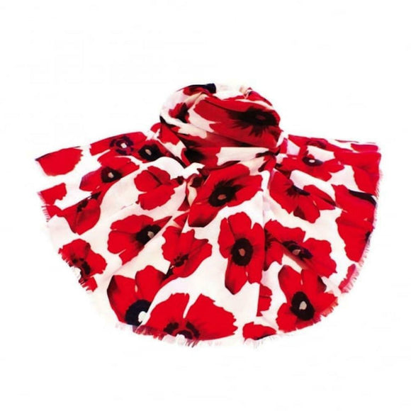 Alexander Thurlow Large White and Red Poppy Flower Scarf Twilled Polyester Scarf