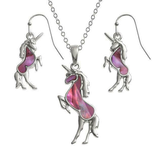 Tide Jewellery Inlaid Paua Pink Unicorn Necklace & Dangly Earring Set