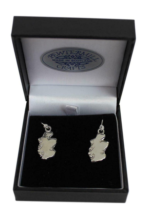 Brave Scottish Gifts Stunning Scotland Map Polished Pewter Dangle Earrings