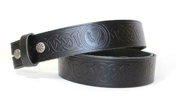 100% Real Leather Celtic Thistle Snap On Belt Strap Black Trousers or Jeans