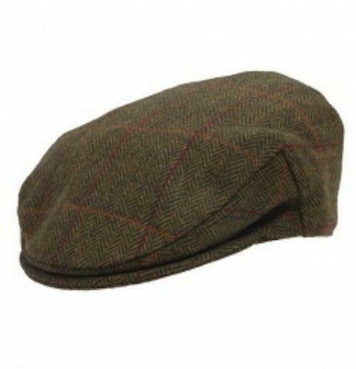 Stanbury British Tweed Traditional Teflon Coated Green Herringbone Wool Flat Cap