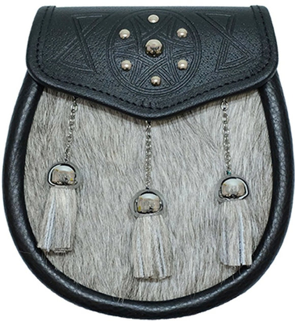 Semi Dress Kilt Sporran 100% Black Leather with Grey Fur Celtic Design SF11