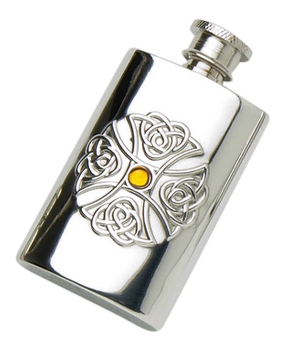 Stylish Slimline 2oz Polished Pewter Handcast Pocket Hip Flask With Celtic Cross