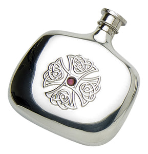Stylish 4oz Polished Pewter Handcast Bottle Pocket Hip Flask Featuring Celtic Cross Set With Amethyst Stone
