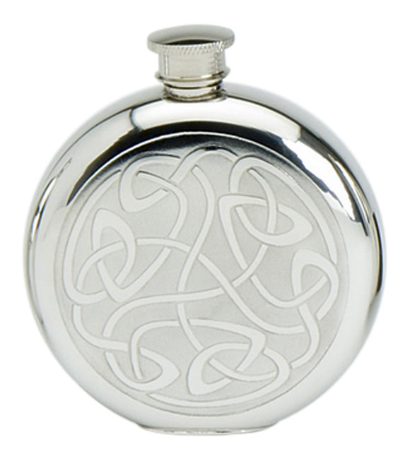 Stylish Slimline 6oz Round Polished Pewter Handcast Bottle Pocket Hip Flask Featuring Celtic Scroll Insert