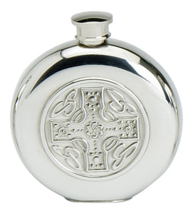 Stylish Slimline 6oz Polished Pewter Handcast Hip Flask With Celtic Cross Insert