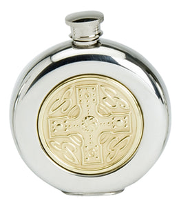 Stylish Slimline 6oz Round Polished Pewter Handcast Bottle Pocket Hip Flask Featuring Brass Celtic Cross Insert
