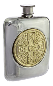 Stylish Slimline 4oz Square Polished Pewter Handcast Bottle Pocket Hip Flask Featuring Brass Celtic Cross Insert