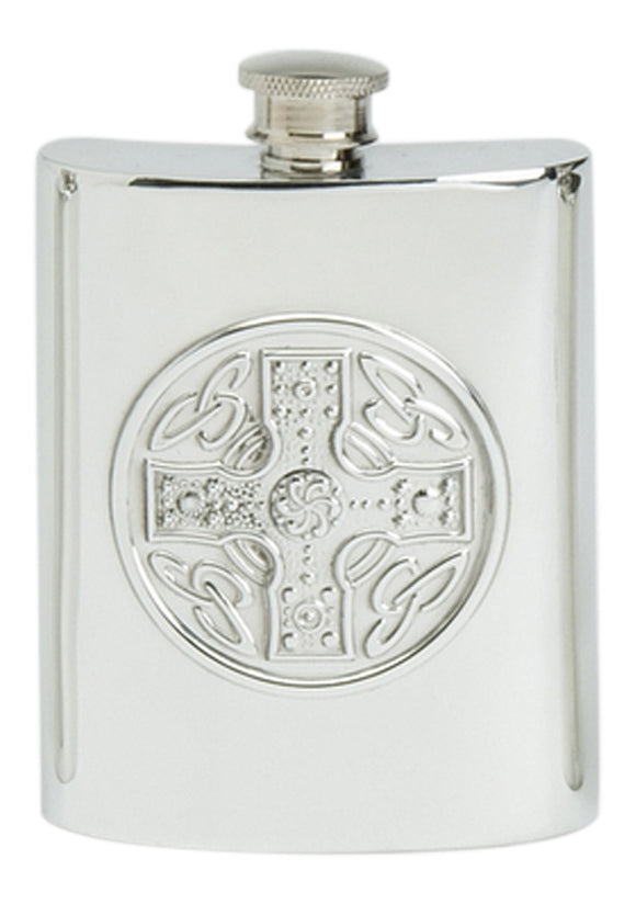 Stylish Slimline 6oz Square Polished Pewter Handcast Bottle Pocket Hip Flask Featuring Celtic Cross Insert