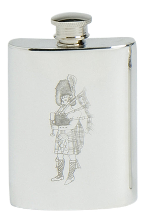 Stylish4oz Square Pewter Handcast Pocket Hip Flask Featuring Stamped Piper