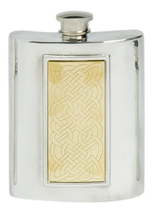Stylish 6oz Square Polished Pewter Handcast Bottle Pocket Hip Flask Featuring Brass Celtic Rope Insert