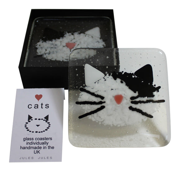 Pair of Handcrafted Glass Coasters Featuring A Black & White Cat Kitten Face