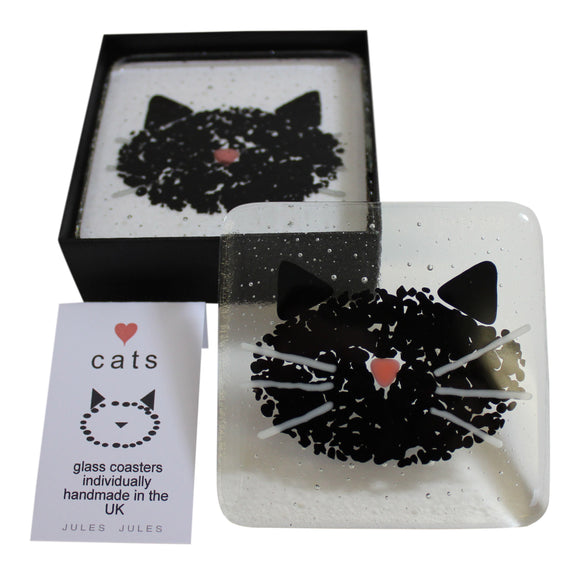 Pair of Handcrafted Glass Coasters Featuring A Black Cat Kitten Face