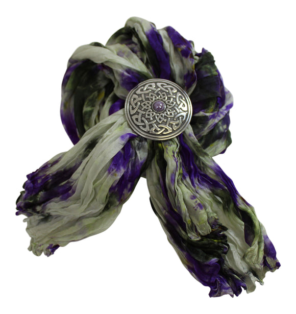 Ladycrow Mixed Purple Green Pongee Silk Scarf with Celtic Spiral Scarf Ring