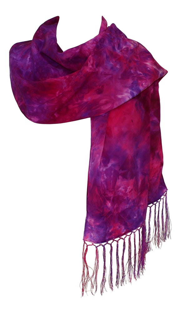 Ladycrow Stunning Fuchsia Crepe De Chine Scarf With Fringe In Pinks & Purple