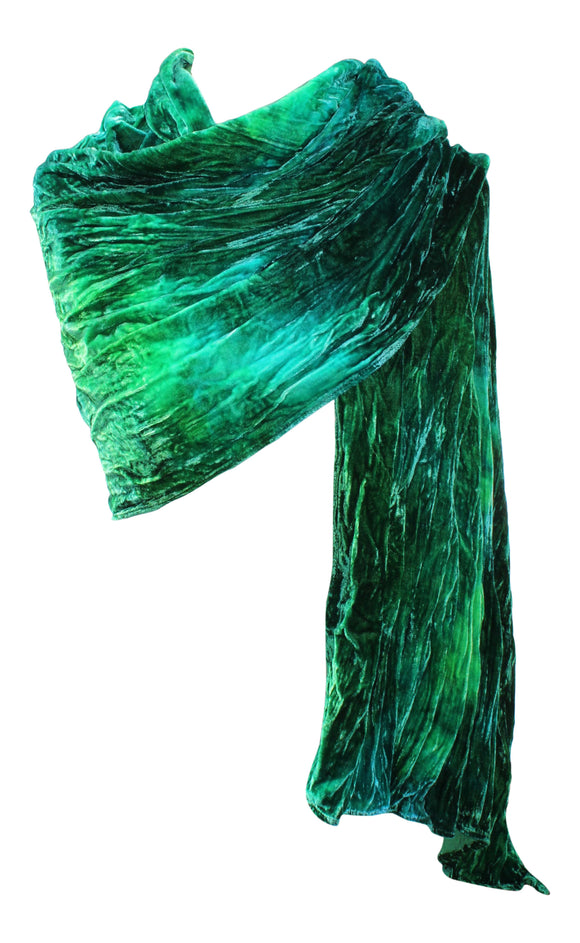 Ladycrow Stunning Single Silk Multi Dyed Velvet Wrap In Water Colours - Shades Of Green