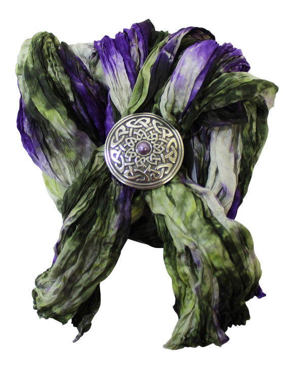 Ladycrow Mixed Purple Green Pongee Silk Scarf with Celtic Intertlace Scarf Ring