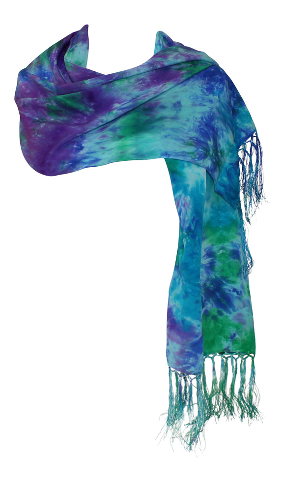 Ladycrow Stunning Peacock Crepe De Chine Scarf With Fringe In Blue Green & Purple