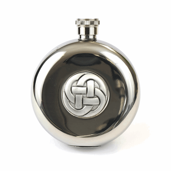 5oz Round Hip Flask Antique Finish Celtic Knot Pewter Detail With Tot Cups