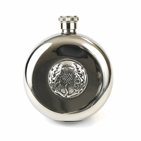 5oz Pocket Hip Flask With Polished Finish Scottish Thistle Detail With Cups