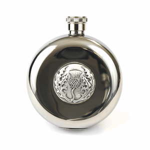 5oz Pocket Hip Flask With Antique Finish Scottish Thistle Detail With Tot Cups