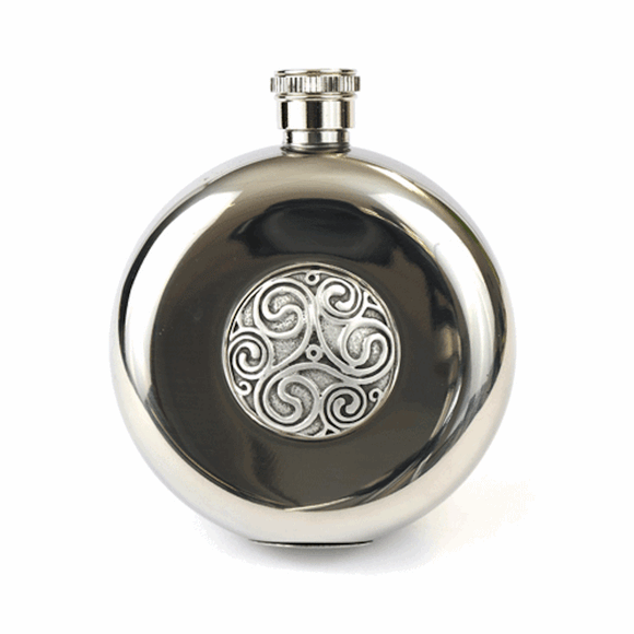 5oz Round Pocket Hip Flask With Antique Finish Celtic Swirl Detail & Tot Cups
