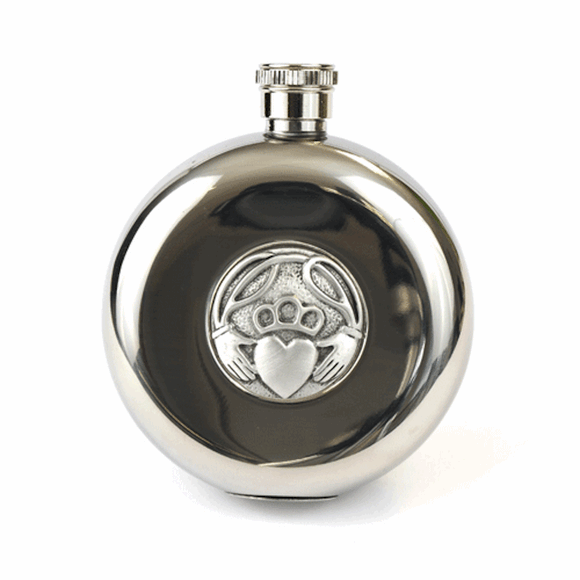 5oz Pocket Hip Flask With Antique Finish Irish Claddagh Detail With Tot Cups